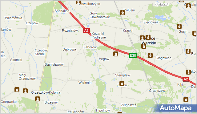 mapa Pęgów gmina Uniejów, Pęgów gmina Uniejów na mapie Targeo