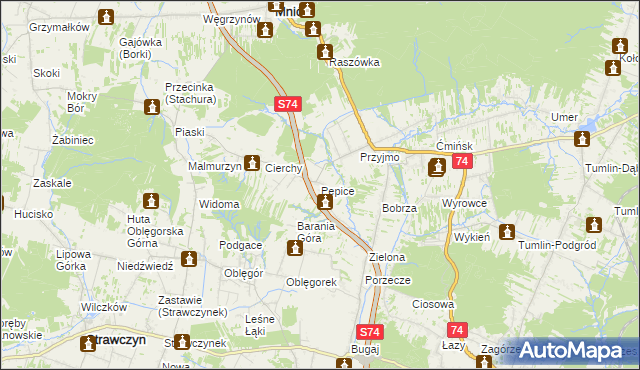 mapa Pępice gmina Mniów, Pępice gmina Mniów na mapie Targeo
