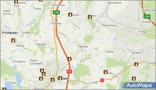 mapa Pępowo gmina Żukowo, Pępowo gmina Żukowo na mapie Targeo