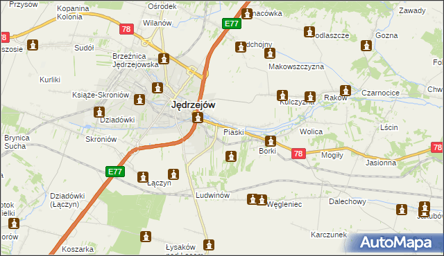 mapa Piaski gmina Jędrzejów, Piaski gmina Jędrzejów na mapie Targeo