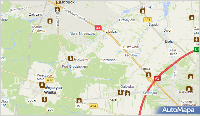 mapa Pierzchno gmina Wręczyca Wielka, Pierzchno gmina Wręczyca Wielka na mapie Targeo