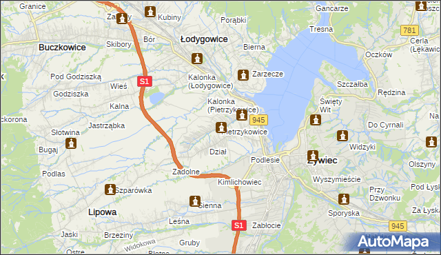 mapa Pietrzykowice gmina Łodygowice, Pietrzykowice gmina Łodygowice na mapie Targeo