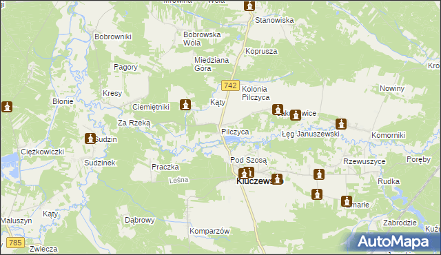 mapa Pilczyca gmina Kluczewsko, Pilczyca gmina Kluczewsko na mapie Targeo