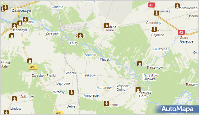 mapa Płaczki gmina Popów, Płaczki gmina Popów na mapie Targeo