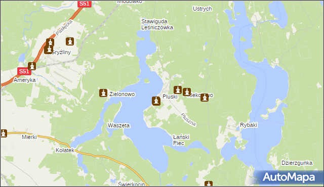 mapa Pluski gmina Stawiguda, Pluski gmina Stawiguda na mapie Targeo
