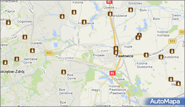 mapa Pniówek gmina Pawłowice, Pniówek gmina Pawłowice na mapie Targeo