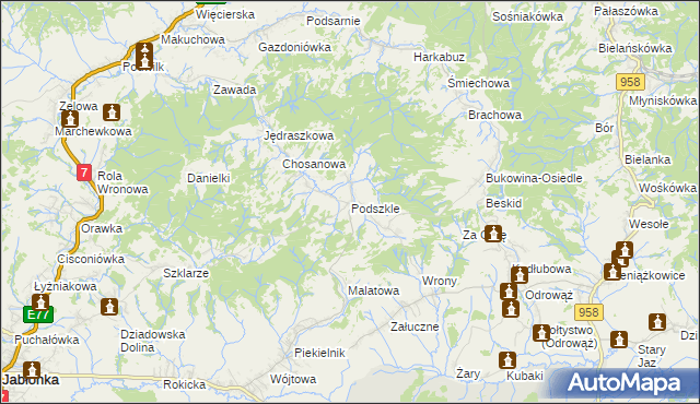 mapa Podszkle gmina Czarny Dunajec, Podszkle gmina Czarny Dunajec na mapie Targeo