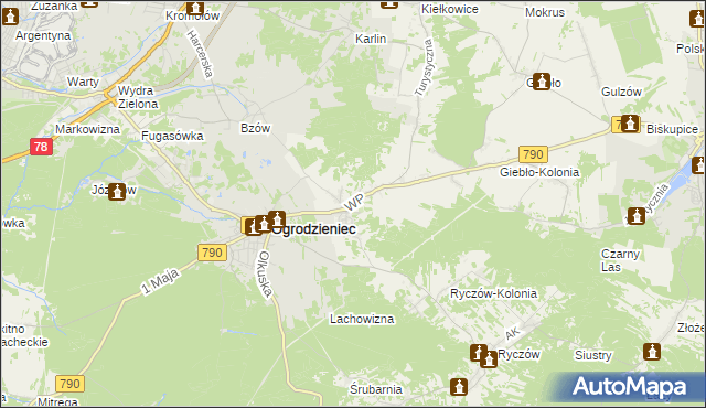 mapa Podzamcze gmina Ogrodzieniec, Podzamcze gmina Ogrodzieniec na mapie Targeo