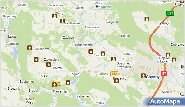 mapa Polichno gmina Chęciny, Polichno gmina Chęciny na mapie Targeo