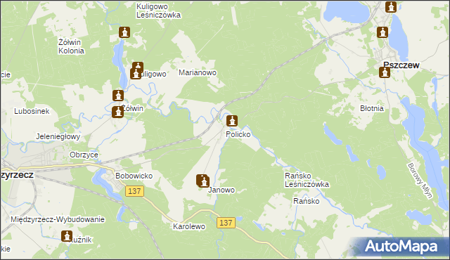 mapa Policko gmina Pszczew, Policko gmina Pszczew na mapie Targeo