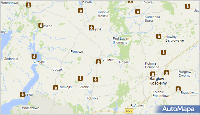 mapa Pomiany gmina Bargłów Kościelny, Pomiany gmina Bargłów Kościelny na mapie Targeo