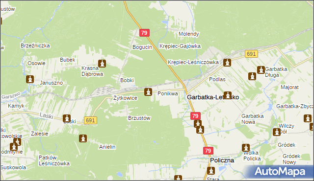 mapa Ponikwa gmina Garbatka-Letnisko, Ponikwa gmina Garbatka-Letnisko na mapie Targeo