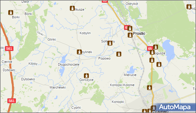 mapa Popowo gmina Prostki, Popowo gmina Prostki na mapie Targeo