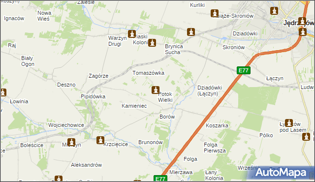 mapa Potok Wielki gmina Jędrzejów, Potok Wielki gmina Jędrzejów na mapie Targeo