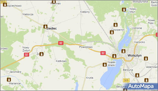 mapa Powodowo gmina Wolsztyn, Powodowo gmina Wolsztyn na mapie Targeo