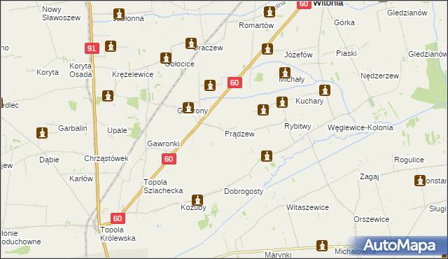 mapa Prądzew gmina Łęczyca, Prądzew gmina Łęczyca na mapie Targeo