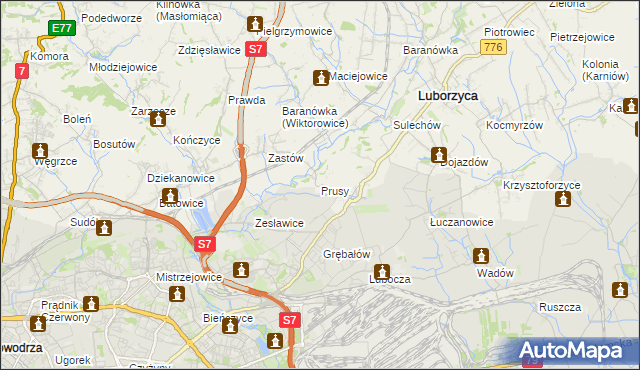 mapa Prusy gmina Kocmyrzów-Luborzyca, Prusy gmina Kocmyrzów-Luborzyca na mapie Targeo