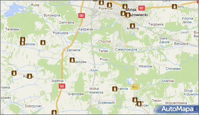 mapa Prusy gmina Mińsk Mazowiecki, Prusy gmina Mińsk Mazowiecki na mapie Targeo