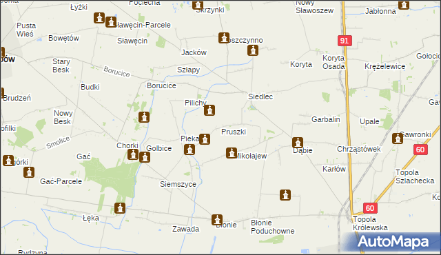 mapa Pruszki gmina Łęczyca, Pruszki gmina Łęczyca na mapie Targeo