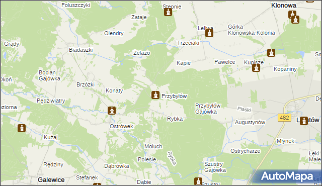 mapa Przybyłów gmina Galewice, Przybyłów gmina Galewice na mapie Targeo