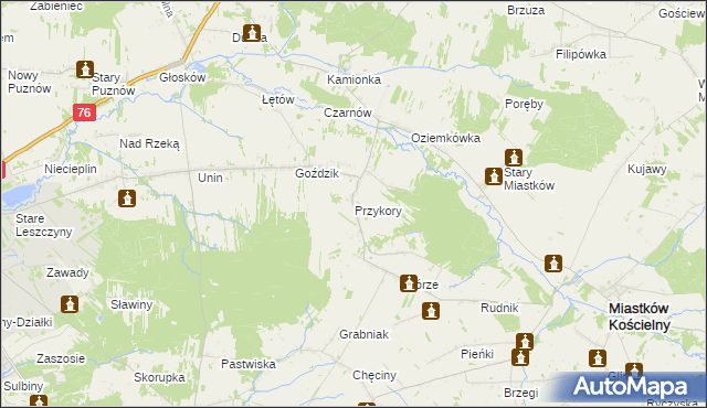 mapa Przykory gmina Miastków Kościelny, Przykory gmina Miastków Kościelny na mapie Targeo