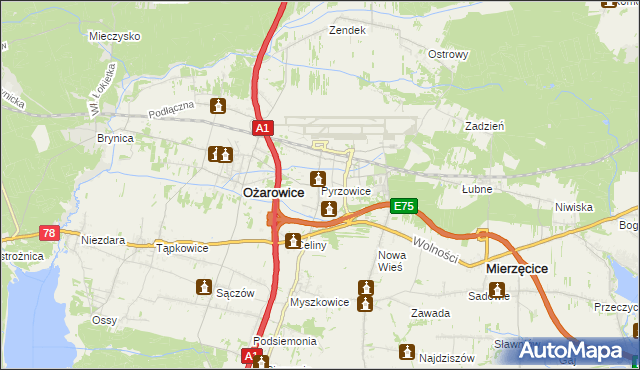 mapa Pyrzowice, Pyrzowice na mapie Targeo