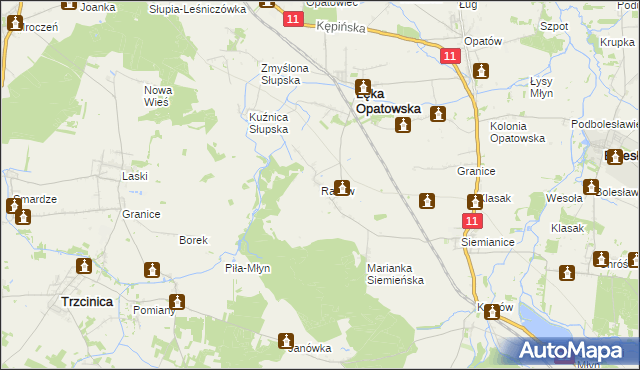 mapa Raków gmina Łęka Opatowska, Raków gmina Łęka Opatowska na mapie Targeo