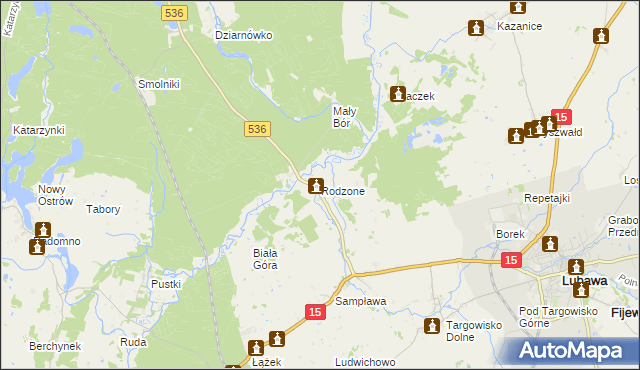 mapa Rodzone gmina Lubawa, Rodzone gmina Lubawa na mapie Targeo