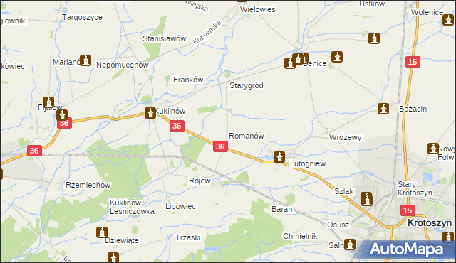 mapa Romanów gmina Krotoszyn, Romanów gmina Krotoszyn na mapie Targeo