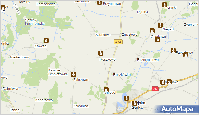 mapa Roszkowo gmina Miejska Górka, Roszkowo gmina Miejska Górka na mapie Targeo