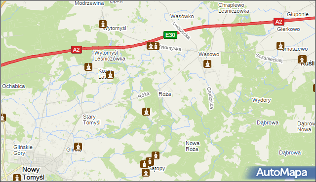 mapa Róża gmina Nowy Tomyśl, Róża gmina Nowy Tomyśl na mapie Targeo