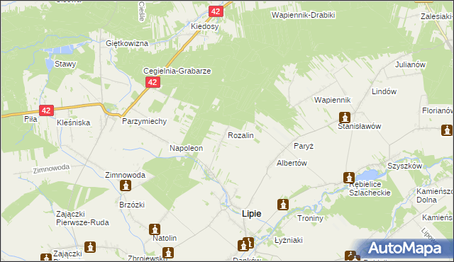 mapa Rozalin gmina Lipie, Rozalin gmina Lipie na mapie Targeo