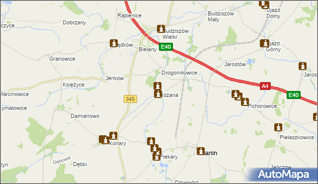 mapa Różana gmina Udanin, Różana gmina Udanin na mapie Targeo