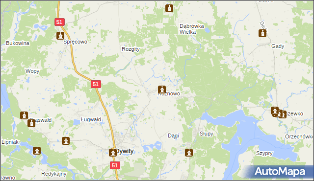 mapa Różnowo gmina Dywity, Różnowo gmina Dywity na mapie Targeo