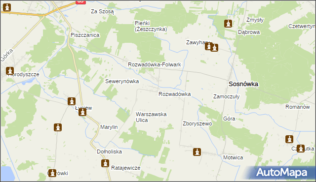 mapa Rozwadówka gmina Sosnówka, Rozwadówka gmina Sosnówka na mapie Targeo