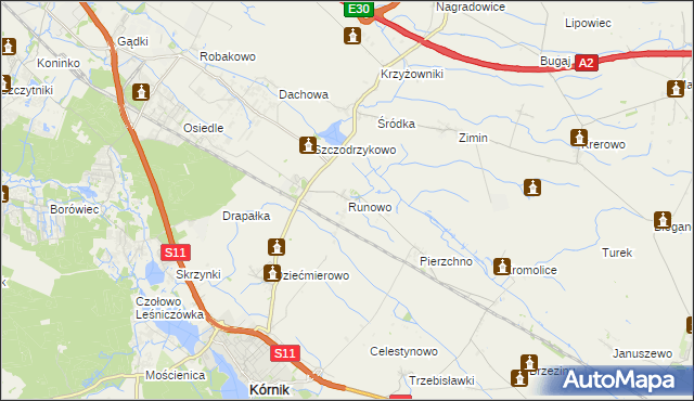 mapa Runowo gmina Kórnik, Runowo gmina Kórnik na mapie Targeo