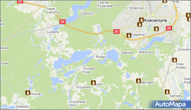 mapa Rybaki gmina Kościerzyna, Rybaki gmina Kościerzyna na mapie Targeo