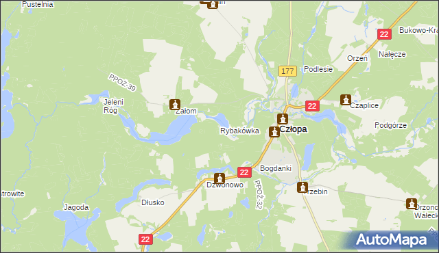 mapa Rybakówka gmina Człopa, Rybakówka gmina Człopa na mapie Targeo