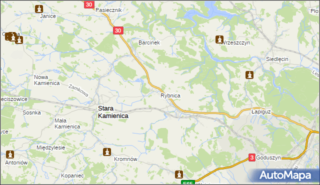 mapa Rybnica gmina Stara Kamienica, Rybnica gmina Stara Kamienica na mapie Targeo
