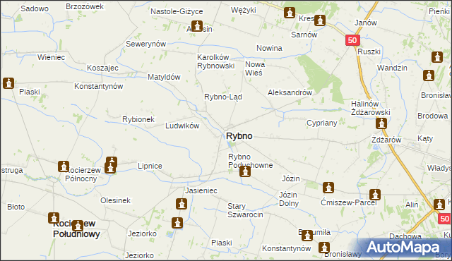 mapa Rybno powiat sochaczewski, Rybno powiat sochaczewski na mapie Targeo