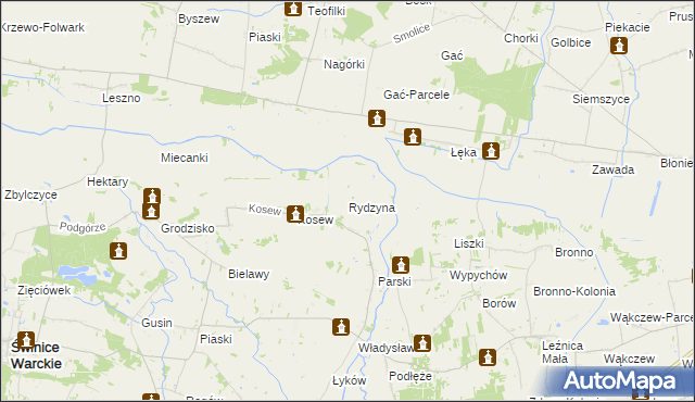 mapa Rydzyna gmina Świnice Warckie, Rydzyna gmina Świnice Warckie na mapie Targeo