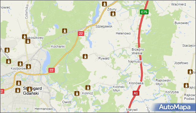 mapa Rywałd gmina Starogard Gdański, Rywałd gmina Starogard Gdański na mapie Targeo