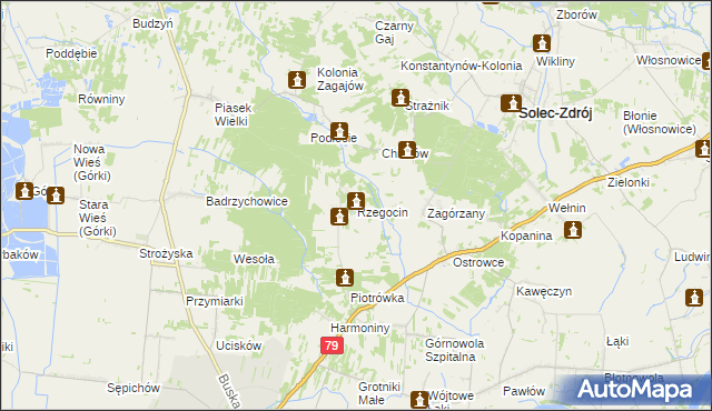 mapa Rzegocin gmina Nowy Korczyn, Rzegocin gmina Nowy Korczyn na mapie Targeo