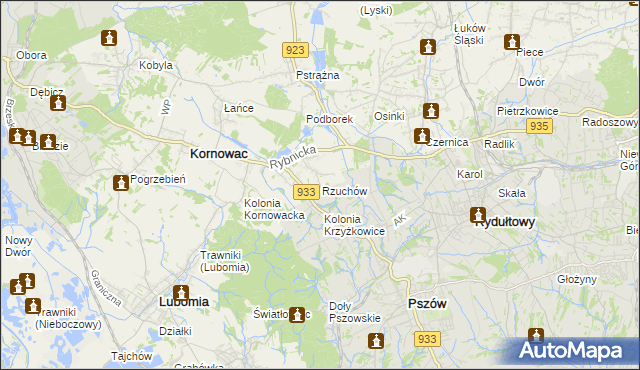 mapa Rzuchów gmina Kornowac, Rzuchów gmina Kornowac na mapie Targeo