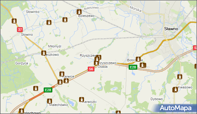 mapa Rzyszczewo gmina Sławno, Rzyszczewo gmina Sławno na mapie Targeo