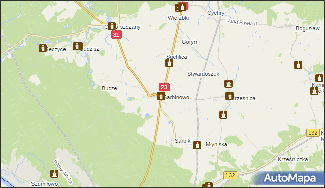 mapa Sarbinowo gmina Dębno, Sarbinowo gmina Dębno na mapie Targeo