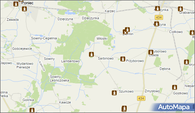 mapa Sarbinowo gmina Poniec, Sarbinowo gmina Poniec na mapie Targeo