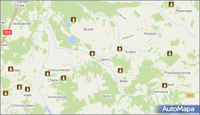 mapa Sasiny gmina Boćki, Sasiny gmina Boćki na mapie Targeo