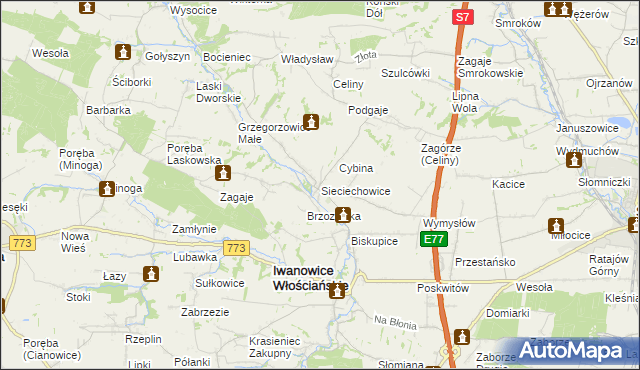 mapa Sieciechowice gmina Iwanowice, Sieciechowice gmina Iwanowice na mapie Targeo