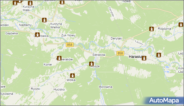 mapa Sieraków gmina Harasiuki, Sieraków gmina Harasiuki na mapie Targeo